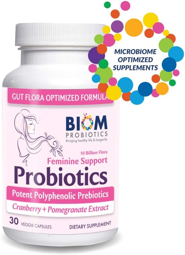 Biom Balance Femenino completo Probióticos diarios de mujeres + Prebióticos con Arándano Orgánico &amp; Pomegranado con Lactobacillus crispatus, Gluten &amp; Dairy-Free. 30