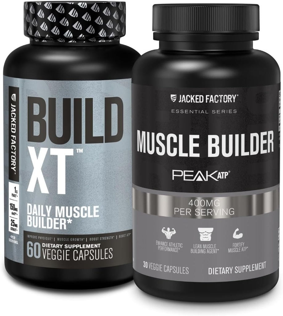 Jacked Factory Build-XT Daily Muscle Builder and Performance Enhancer (60 Capsules) & Essentials Muscle Building Supplement for Strength and Growth (30 Capsules)
