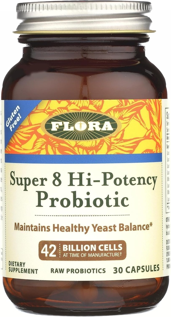 Flora Super 8 Hi Potency Probiotics 30 Cuenta - Healthy Yeast Balance & Digestive Health - for Men &amp; Women - 42 Billion CFU, Raw, Gluten Free - Hasta 1 Mes de Suministro