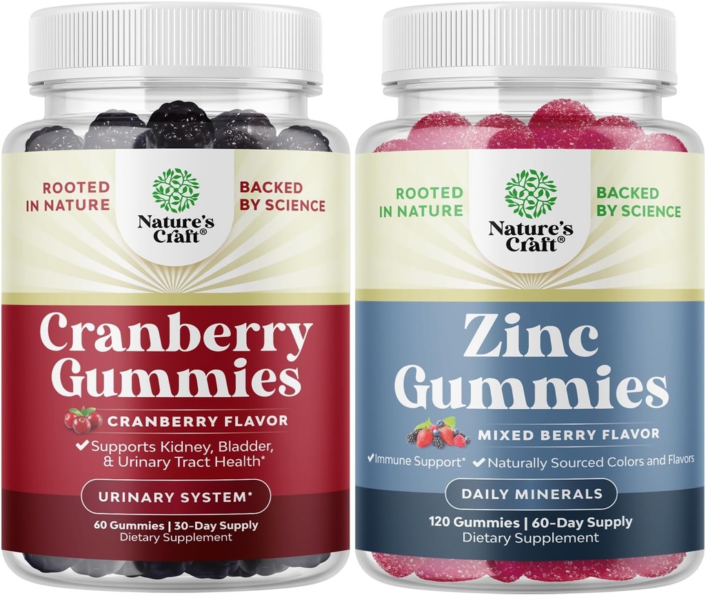 Bundle of Natural Cranberry Gummies for Women and Men and Extra Strength Zinc for Adults - Extra Strength Delicious Antioxidant Cranberry Chews - Chewable Zinc Citrate 50mg Inmunity