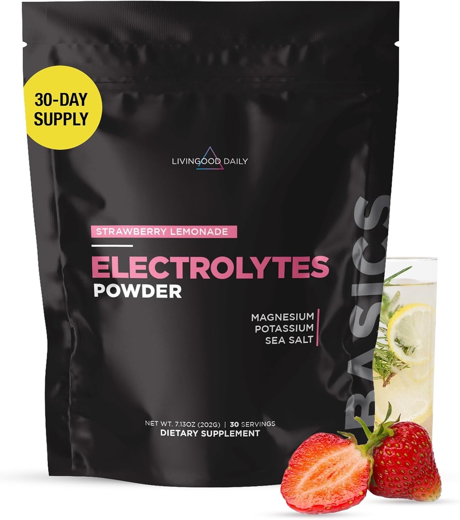Livingood Daily Electrolytes Powder, Electrolytes Hydration Drink Mix with Vitamin C, Magnesium, Taurine &amp; Sea Salt, Electrolyte Supplement for Energy & Hydration, Keto, Strawberry Lemonade, 30 Srvgs