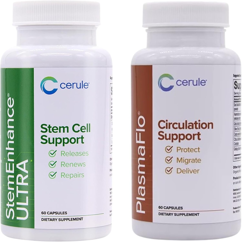 Cerule Stemenhance + Plasmaflo Ultra Stem Cell Support Supplement with Extracts from Freshwater Microalgae and Marine Macroalgae to Help Increase Circulating Adult Stem Cells and Promote Healing