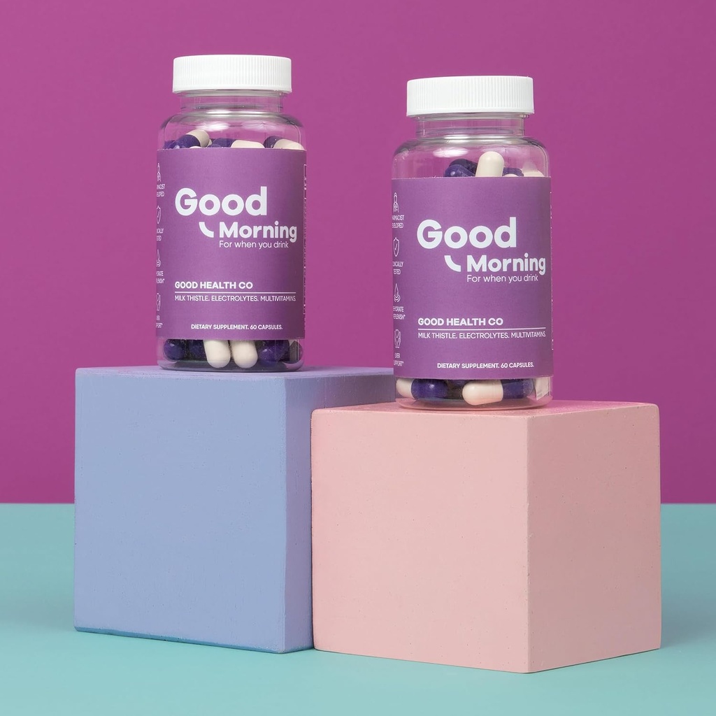 Good Morning Recovery Pills [2 Pack Hangover Kit] Pruebas clínicas después de la ayuda al alcohol antes del alivio de la bebida + hígado Detox con electrolitos, Milk Thistle + DHM. ¡Salud!