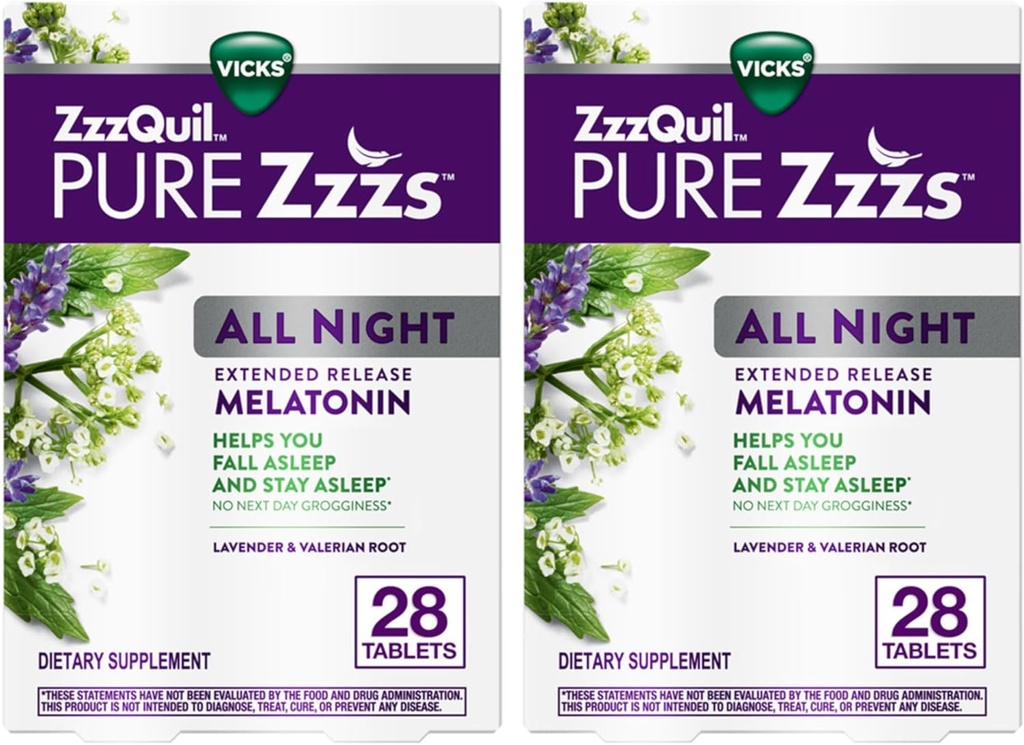 ZzzQuil PURE Zzzs All Night Extended Release, Melatonin Sleep Aid Tablets, Helps You Stay Asleep Longer, Sleep Aid for Adults, 2 mg por tableta, 56 Total Tablets (2 Packs of 28)