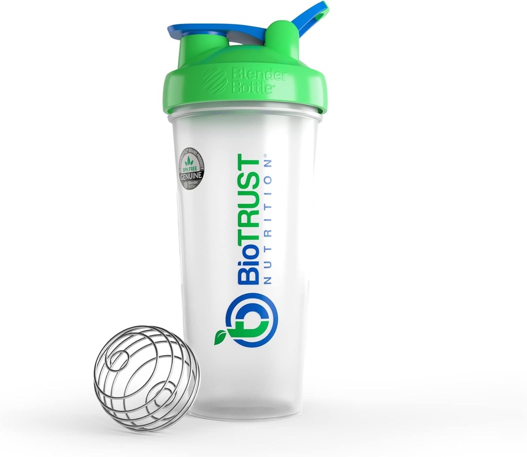 BioTRUST BlenderBottle Classic Shaker Bottle, 28 onzas con bucle, Clear/Green