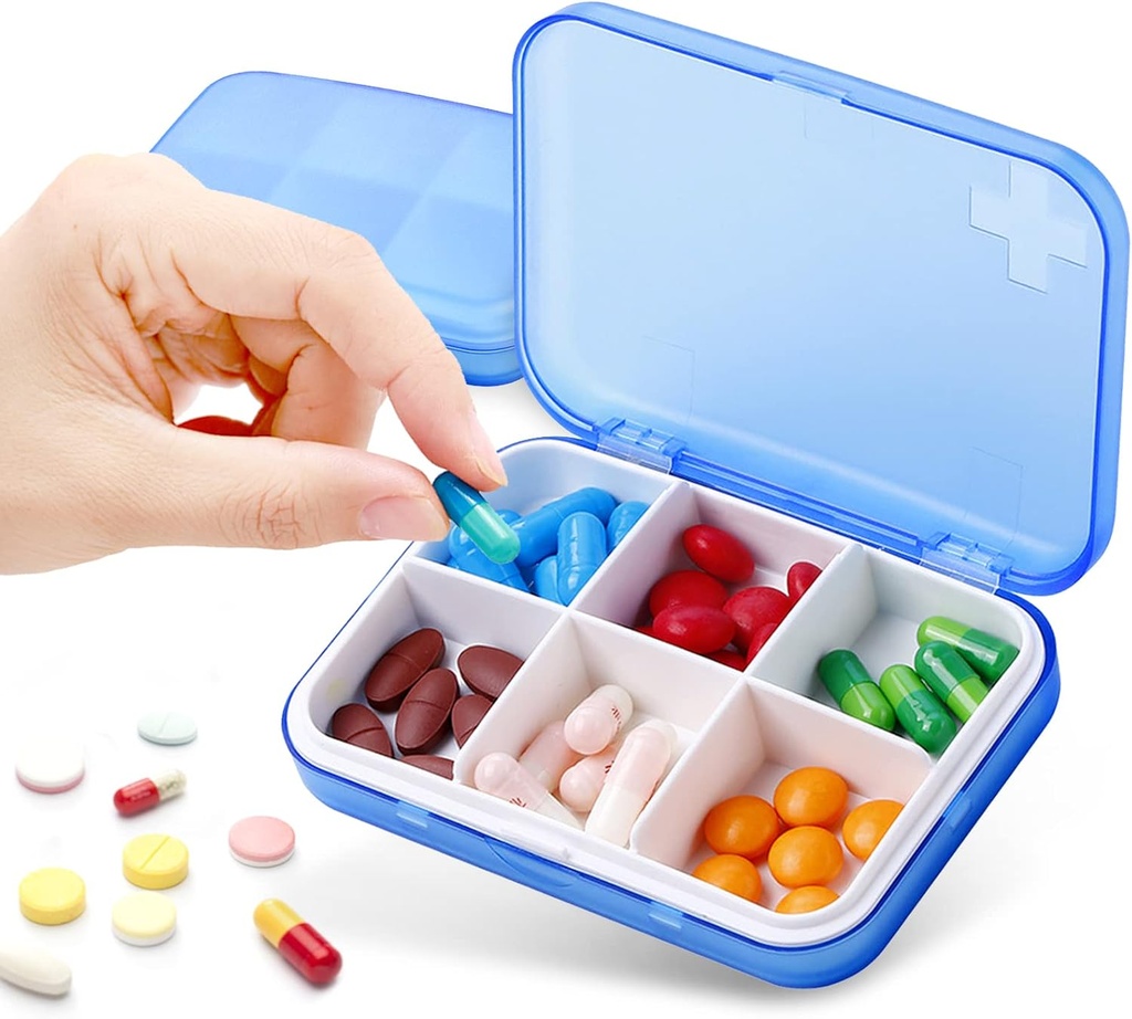 Organizador diario de píldoras para vitaminas,Aceite de hígado de bacalao,Suplementos, Medicación, SAINSWIN Caja pequeña para el púrpura de bolsillo, Portable 6 Compartimientos