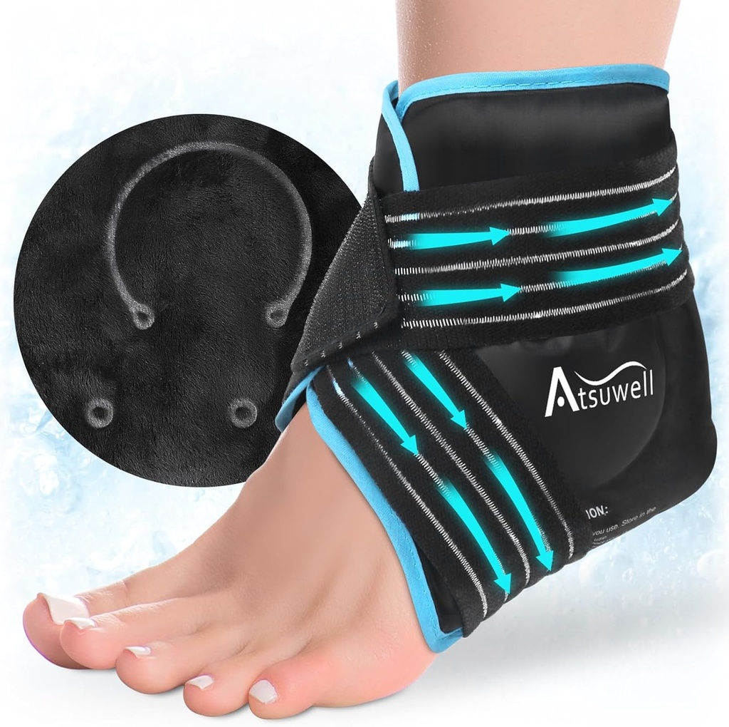 Atsuwell Ankle Ice Pack Wrap, Reutilizable Gel Ice Pack para el tacón del tobillo, Pie Ice Wrap con Soft Plush Lining, Cold Compress Therapy for Soothing Discomfort, Negro