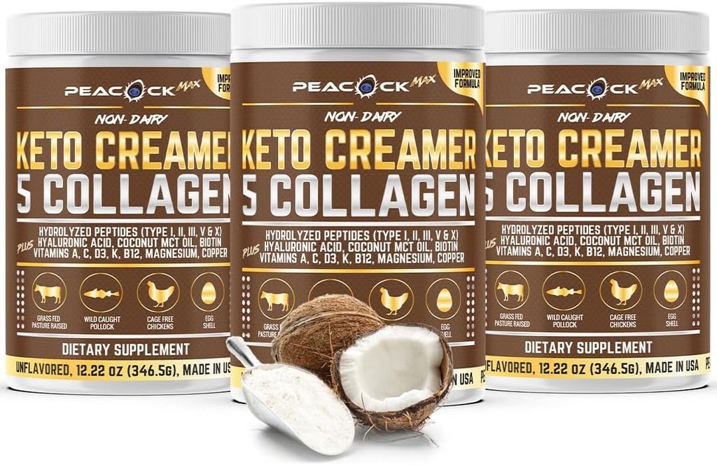Collagen Keto Cafe Cremer Powder 12.22 oz, Pack of 3, Hidrolyzed Collagen Peptides con Coconut MCT Aceite, Magnesio, Polvo de proteína desarmado, Crema de café gratis para azúcar