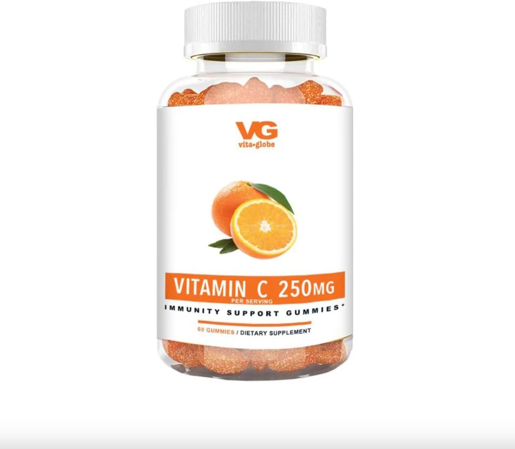 VITA GLOBE Vitamina C 250mg Gummy Vitaminas- Immune System Booster, Non-GMO, Vegan y Natural Orange Flavor, 60 Cuenta (Pack of 1)