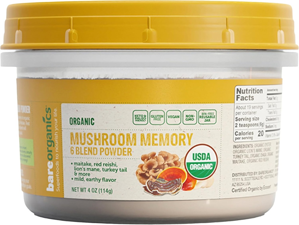 BareOrganics Mushroom Memory Blend Powder – Organic Superfood Mushroom Suplemento con Lion’s Mane, Reishi, Maitake & Turquía Tail, Vegan Adaptogenic Powder - 4 oz