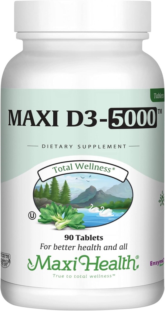 Maxi Health Vitamin D3 5000 UI (125 mcg) - High Dose Vitamin D 5000 UI - Huesos saludables, dientes, soporte inmunológico - Kosher Pure High Potency Vit D3 (90 Tablets)