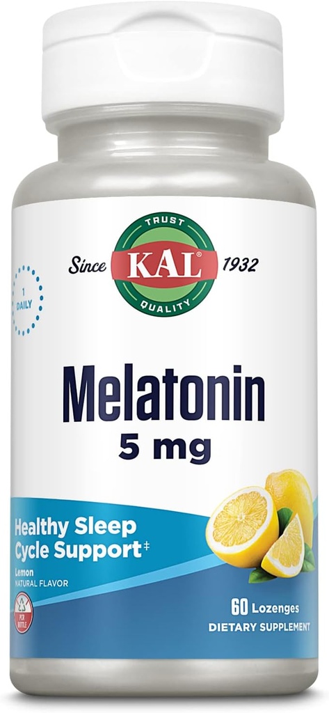 KAL Melatonina 5mg Ayuda para el sueño concesiones, suplemento de melatonina apoya la calidad del sueño, la relajación calmante y un ciclo del sueño saludable, con vitamina B6, vegetariano, sabor natural de limón, 60 lozenges