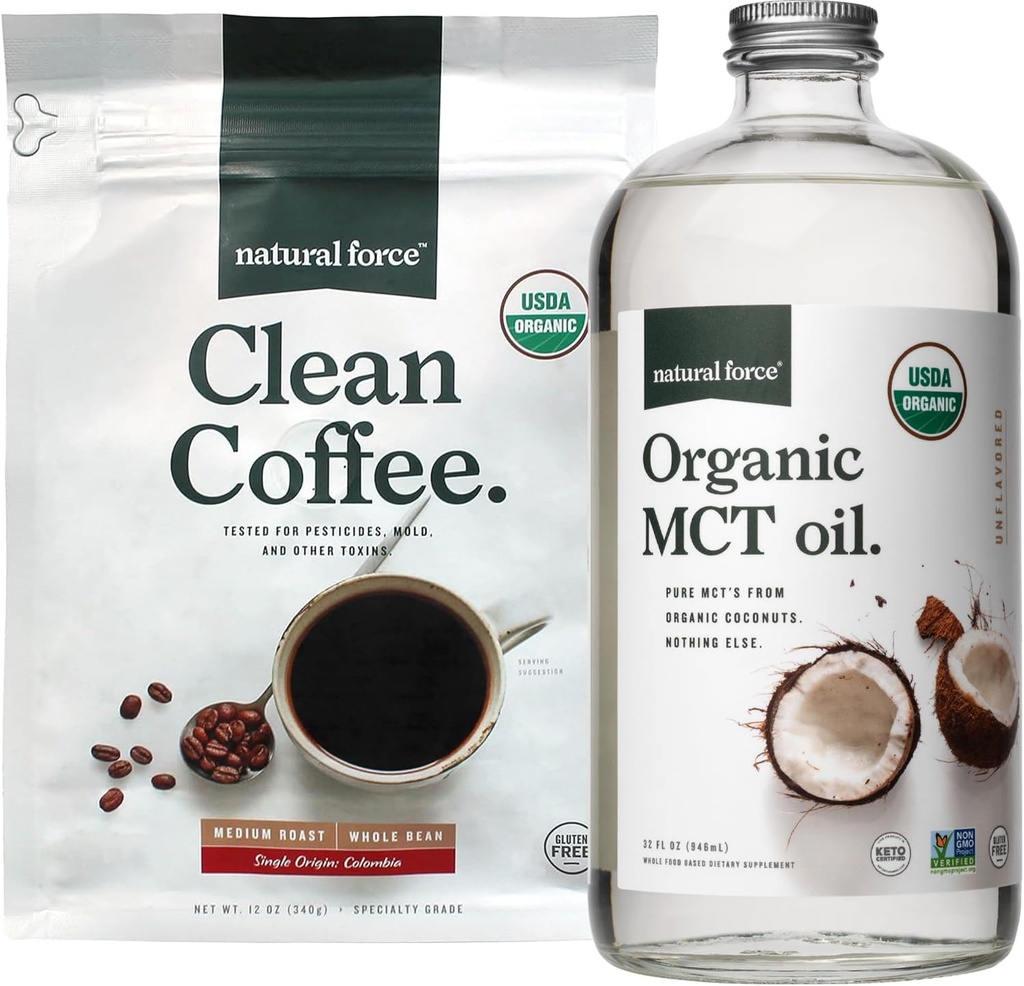 Natural Force Organic Clean Coffee + Organic MCT Oil Bundle – 100% Pure Coconut MCTs & Mold & Mycotoxin Free Coffee – Non-GMO, Keto, Paleo y Vegan - 12 Oz Bag y 32 Oz Glass Bottle