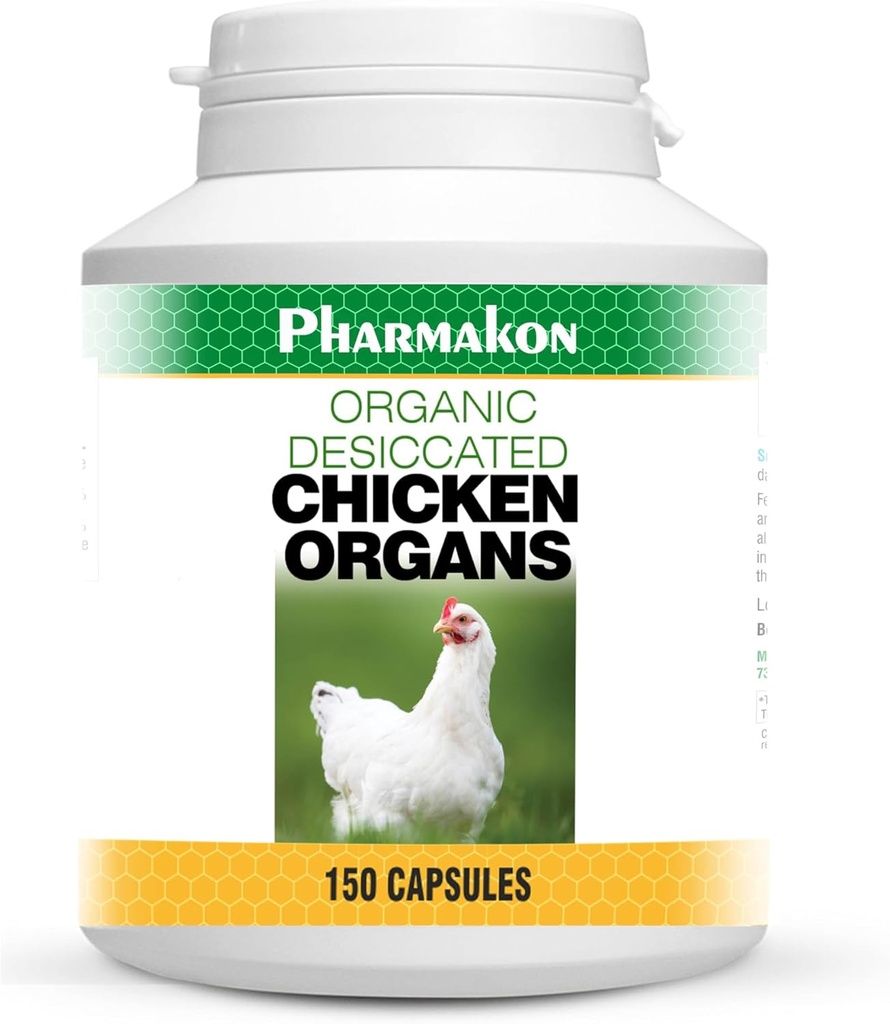 Órganos de Pollo Desiccado, 150 cápsulas, hígado, corazón y bazo.