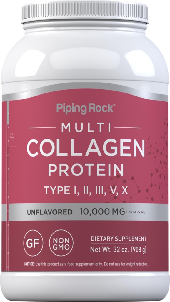Piping Rock Multi Collagen Protein Powder ← 32oz tención Suplemento para Mujeres y Hombres Silencio Tipos I, II, III, V, X ← Desarrollado ← No GMO, Gluten Free