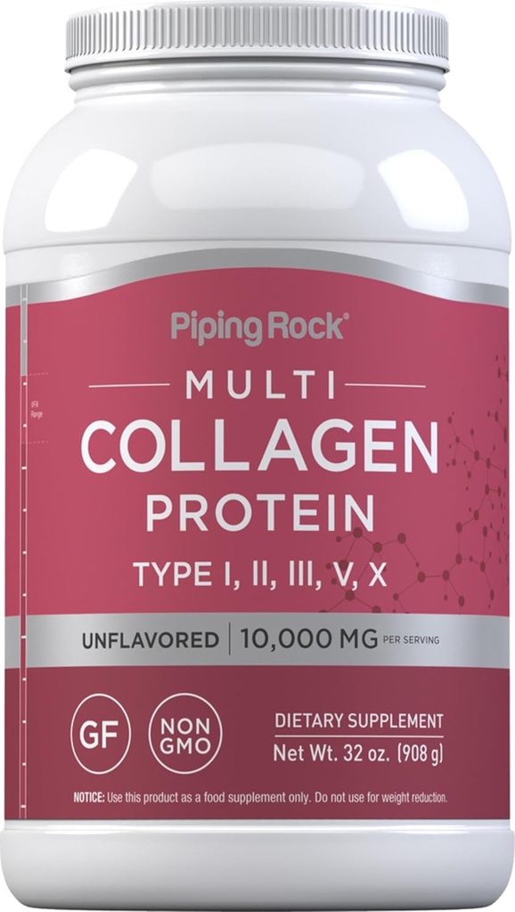 Piping Rock Multi Collagen Protein Powder ← 32oz tención Suplemento para Mujeres y Hombres Silencio Tipos I, II, III, V, X ← Desarrollado ← No GMO, Gluten Free