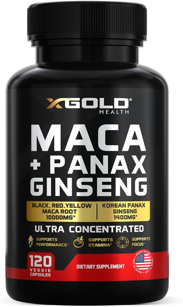 Maca Root Capsules 10,000mg + Coreano Panax Ginseng 1,400mg - 20x Extracto Concentrado Negro + Rojo + Amarillo Maca Root, 10x Extracto Concentrado Panax Ginseng Capsules - Ultra Potent &amp; Alta Purificado