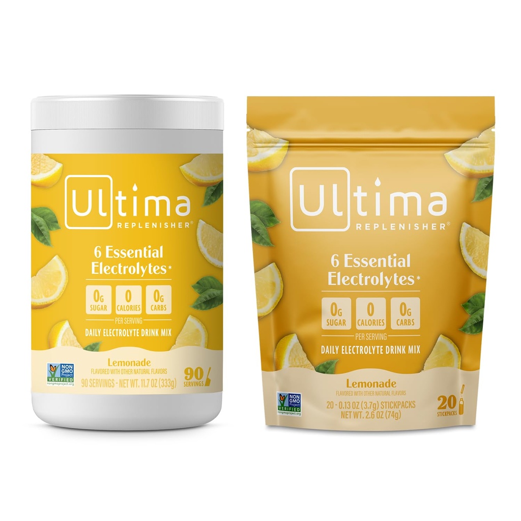 Ultima Replenisher Electrolyte Powder Drink Mix Bundle – Sugar Free – Lemonade, 90 Serving Canister y 20 Stickpacks – 6 Electrolytes and Minerals – Keto Friendly, Vegan, Non-GMO