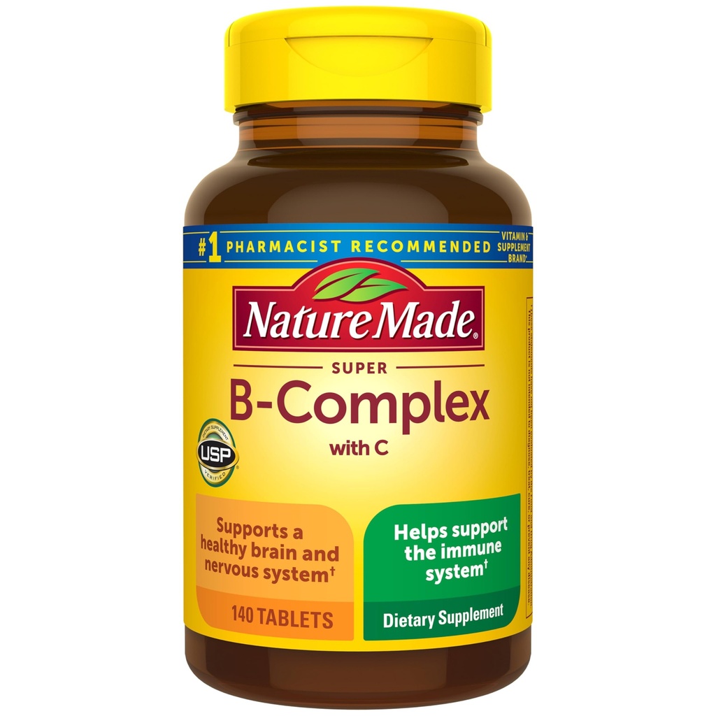 Complejo Super B con vitamina C y ácido fólico, Suplemento dietético para soporte inmunitario, 140 Tabletas, 140 Day Supply
