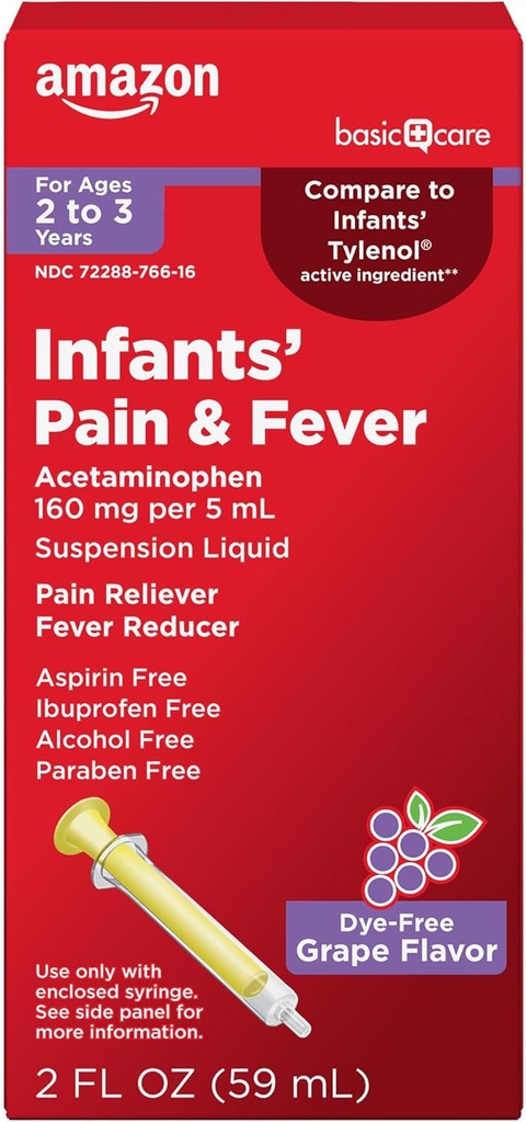 Cuidado básico Dolor de bebés " , Acetaminofeno 160 mg por 5 mL, Suspensión Líquida, Sabor libre de tinte, 2 fl oz (Pack of 1)
