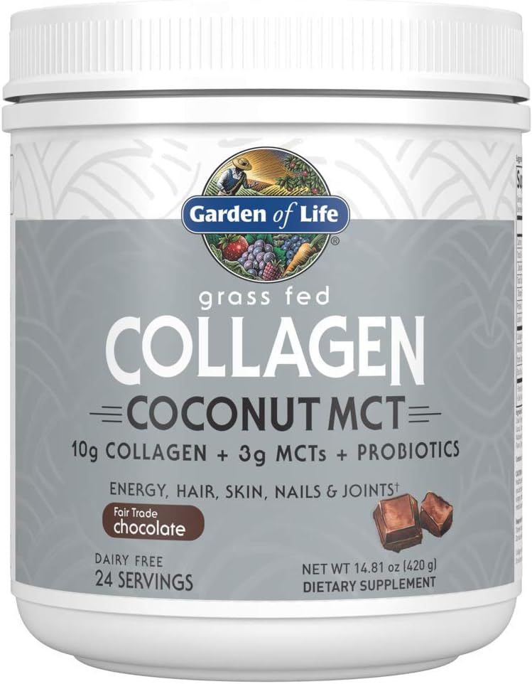 Garden of Life Grass Fed Collagen Coconut MCT Powder - Chocolate, 24 Servings, Collagen Peptides Powder Supplement for Energy Hair Skin Nails Joints, Coconut MCTs & Probiotics
