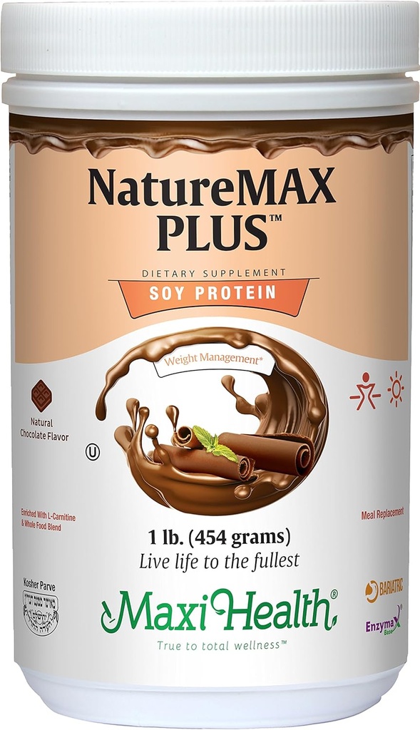 Maxi-Health NatureMAX Plus Energy Support Drink Soy Protein Powder - Sugar Free Diet Supplement - 20g Protein Por Serving - Natural Chocolate Flavor - Kosher Vitamina - 1lb