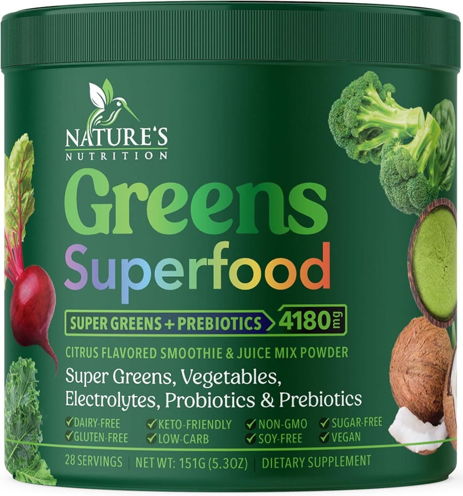 Greens Powder Superfood - Premium Organic Super Greens Juice Powder - Empaquetado con Probióticos, Wheat Grass, Enzymes, Spirulina, Clorella para Salud Digestiva " Gut, Smoothie Drink Mix - 28 Servings