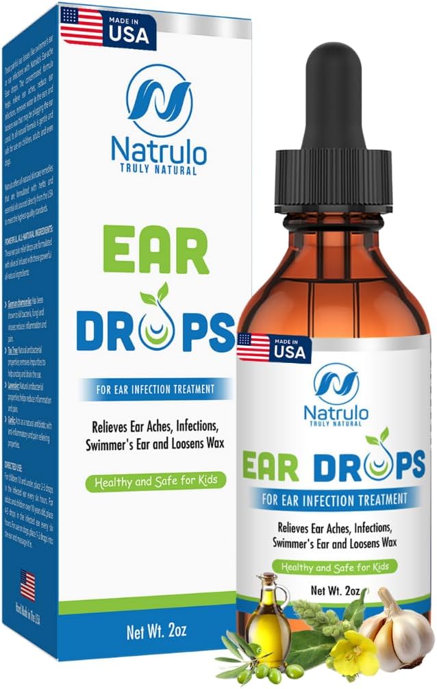 Natrulo Natural Ear Drops for Ear Infection - Homeopathic, Herbal Eardrops for Adults, Children & Pets - for Ear Aches, Swimmer's Ear, Loosen Wax - Kids Safe Ear Oil, Made in USA (2 Oz)