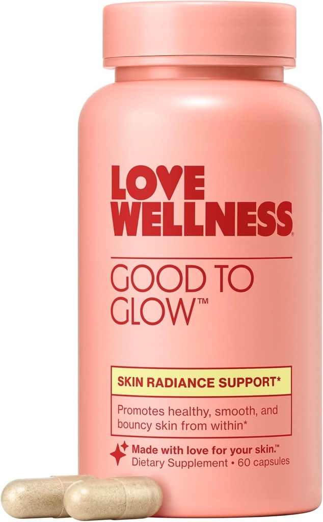 Love Wellness Good to Glow Silencioso Suplemento colágeno con Biotina, Vitamina C, E, Ashwagandha & Zinc ← Promueve Smooth, Glowing & Clear Skin ← Enhances Smoothness " Promotes Healthy Skin tención 60 Conde