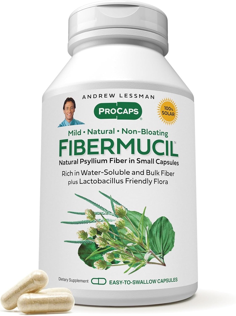 ANDREW LESSMAN Fibermucil 180 Capsules -Psyllium Husk Powder. Promueve la regularidad y la salud digestiva. Rico en Fiber. Gentil, fácil, eficaz. Sin aditivos. Cápsulas pequeñas fáciles de absorber