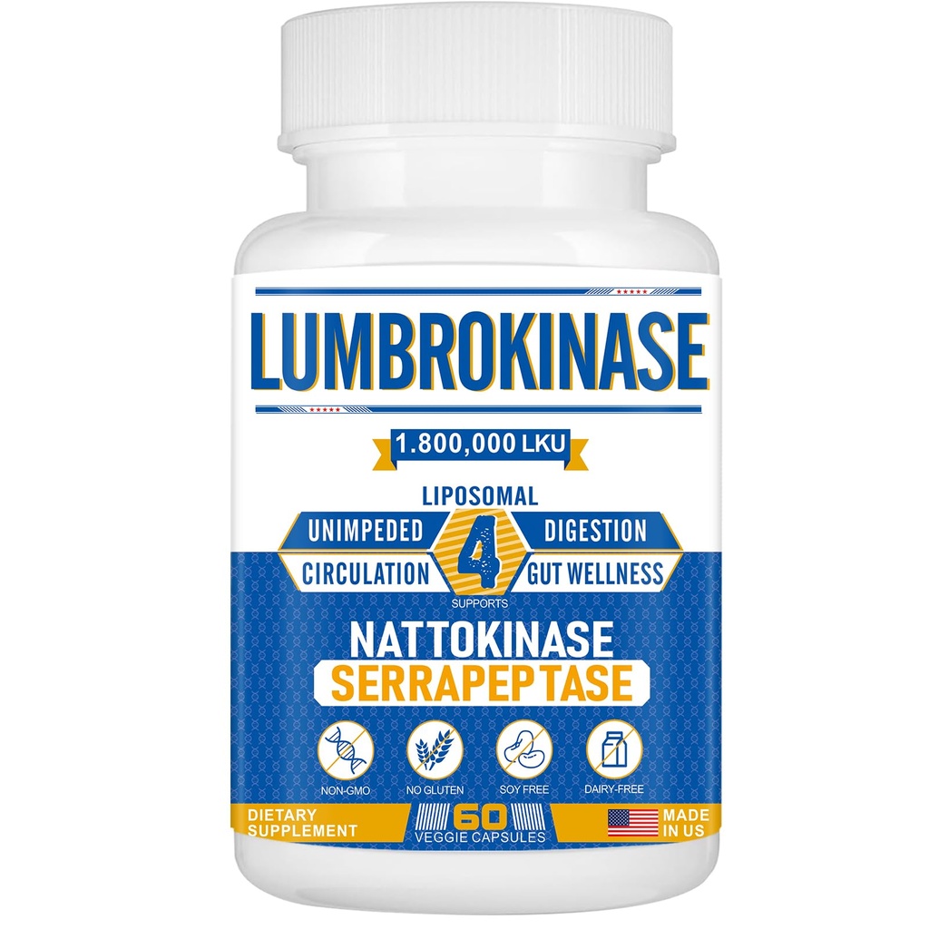 Liposomal Lumbrokinase Nattokinase Complejo Serrapeptase, Lumbrokinase Suplemento para Circulación Salud y Digestión cardíaca,60 cápsulas