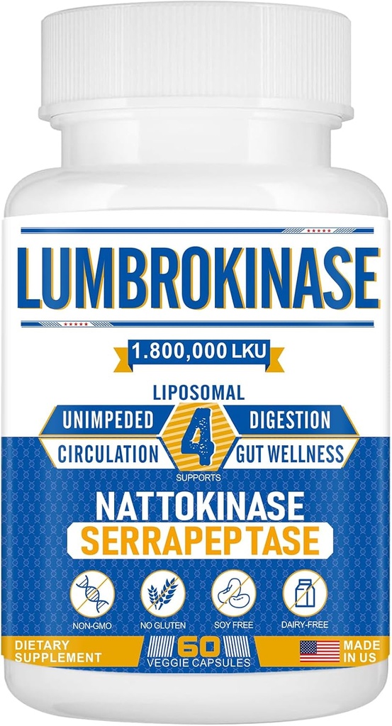 Liposomal Lumbrokinase Nattokinase Complejo Serrapeptase, Lumbrokinase Suplemento para Circulación Salud y Digestión cardíaca,60 cápsulas
