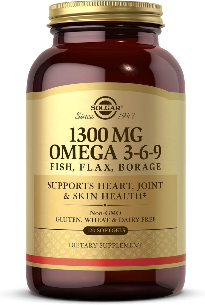 Solgar 1300 mg Omega 3-6-9, 120 Softgels - Suplemento de aceite de pescado - Apoyo para la salud conjunta de la piel - Incluye Flaxseed & Borage - Contiene EPA & DHA Omega 3 Ácidos grasos - 40 Servimientos