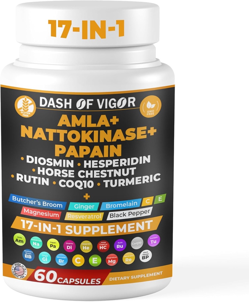 Dash of Vigor 17-in-1 Amla Extract, Suplemento Papain, Nattokinase Diosmin Hesperidin Suplemento, CoQ10 con Extracto Turmérico, Extracto de Castaña de Caballo, Vitamina C y Rutina, EE.UU., 60 cápsulas