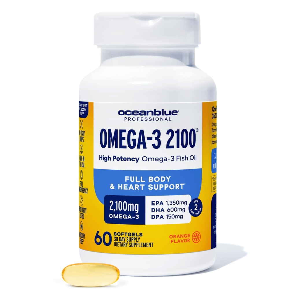 Oceanblue Professional Omega-3 2100mg Fish Oil Supplement – Triple Strength, High Potency EPA, DHA & DPA – Burpless, Wild-Caught, Natural Orange Flavor – 60 Count (Pack of 1)