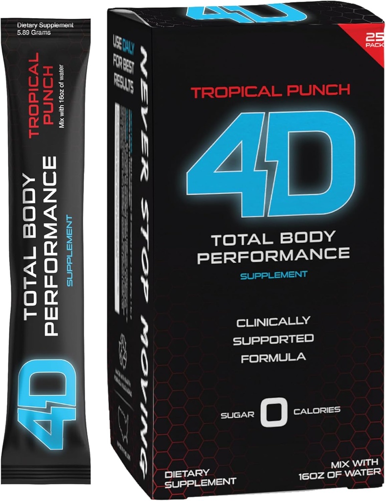 4D - Tropical Punch 25 Unit Box- Vitaminas &amp; Energética Powder Packets - Cero Calories & Azúcares - Gluten Free, Non-GMO, Keto & Vegan Friendly