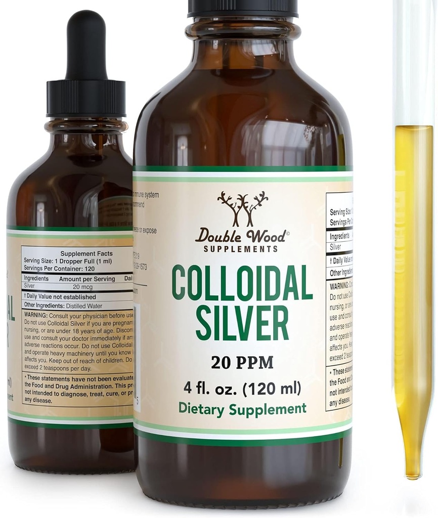 Colloidal Plata Líquido 20 PPM - 4 Fl OZ (Plata Coloidal con gotero) 99,9% Puro, Gluten Gratis, No GMO por Suplementos de madera doble