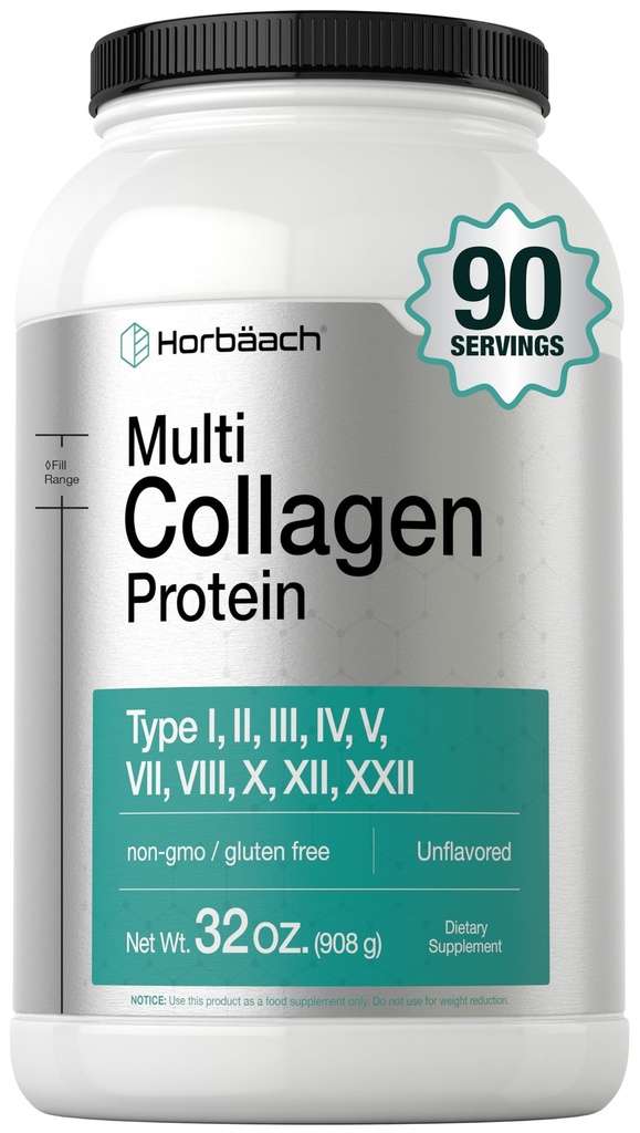 Horbaach Multi Collagen Protein Powder 32 oz ← Tipo I, II, III, V, X TENIDO Péptidos de Collagen Hidrolyzed TENIDO Keto &amp; Paleo Friendly TENIDO Sin sabor