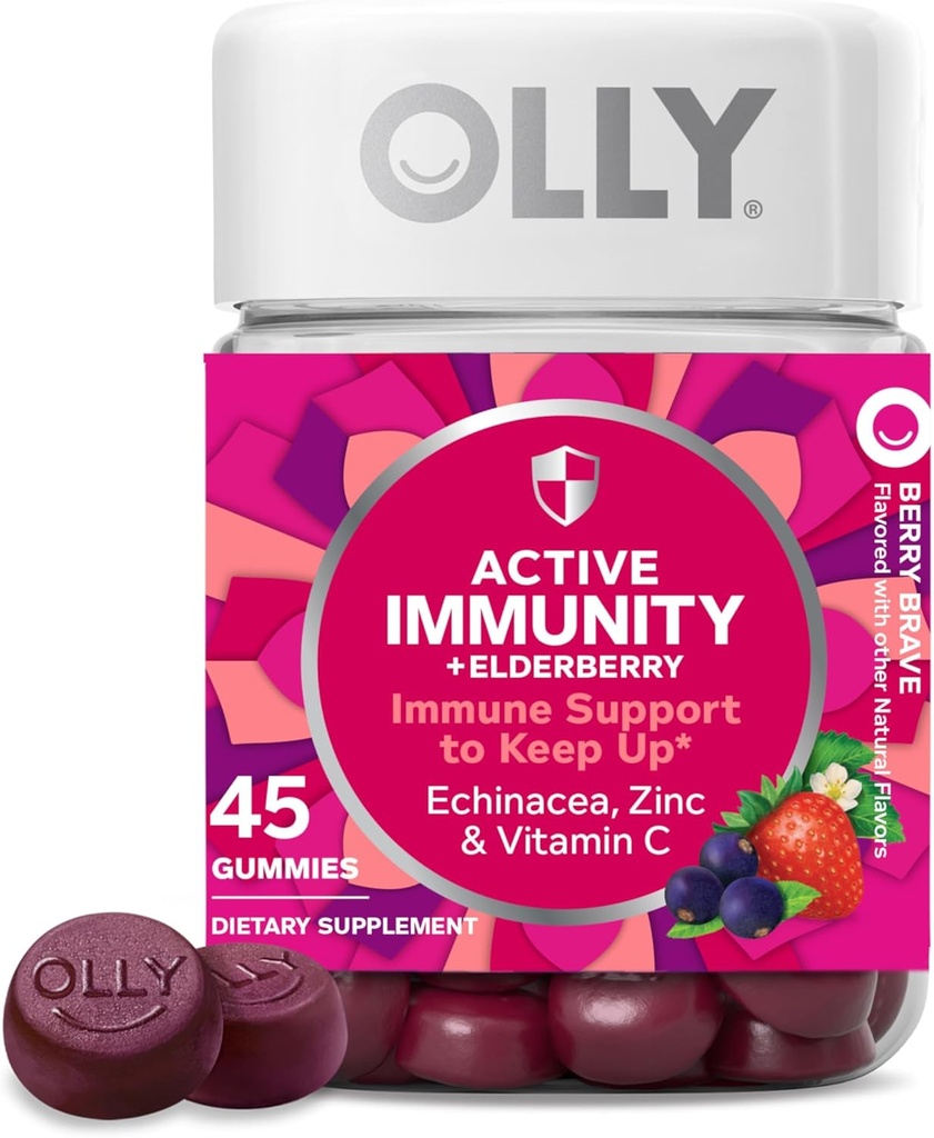 OLLY Immunity Gummy, Immune Support, Elderberry, Zinc, Vitamina C, Suplemento, Berry Flavor, 15 Day Supply - 45 Count