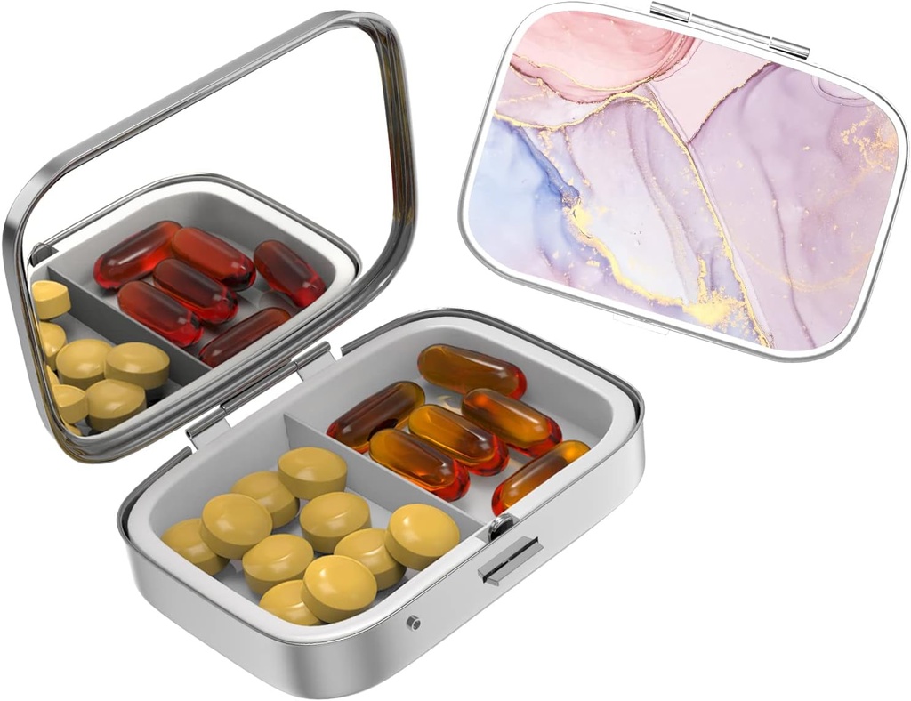 Cute Small Pill case for Pockets & Purses,Elegant Pill Box hace un gran regalo,2 Compartment Travel Medicine Organizer Stores Progesterone,Capsule Pills, Ibuprofeno, Vitamins-2
