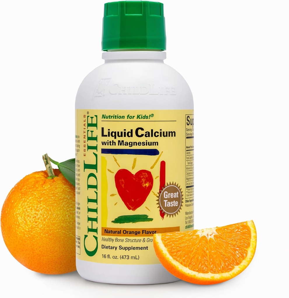 ESENCIALES DE NIÑOS Suplemento de calcio líquido para niños - Calcio de bebé con magnesio, zinc y vitamina D3 - Sabor de naranja, 16 fl oz (1 Pack)