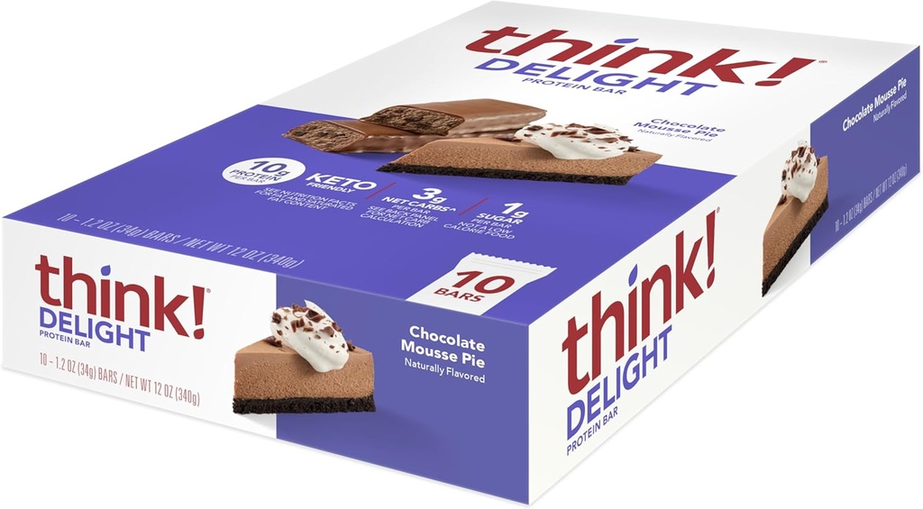 ¡Piensa! Deleite, Keto Protein Bares, Healthy Low Carb, Gluten Free Snack - Chocolate Mousse Pie, 10 Cuenta (Paquete Mayo Vary)