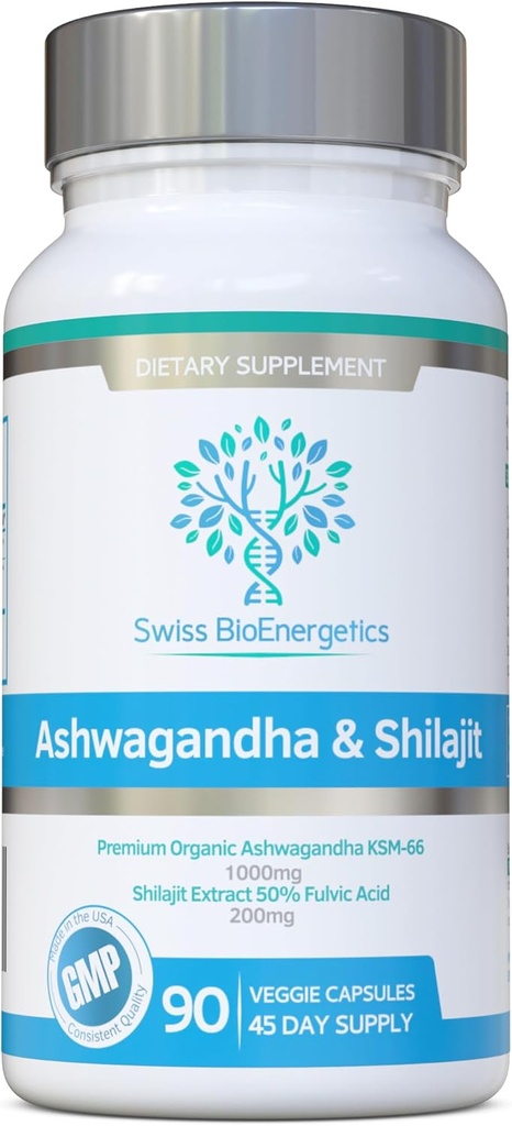 Ashwagandha & Shilajit - Ashwagandha KSM-66 1000mg & Purified Shilajit Extract 200mg (50% Fulvic Acid) - Sin rellenos artificiales, carpetas o agentes de flujo - Apto para veganos