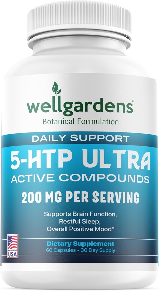 100% Puro 200 MG 5-HTP Ultra para el sueño saludable y el sentido del bienestar - Soporte Mood, estrés, sueño - 5HTP Suplemento con calcio - 60 5HTP 200mg cápsulas, 30 piezas
