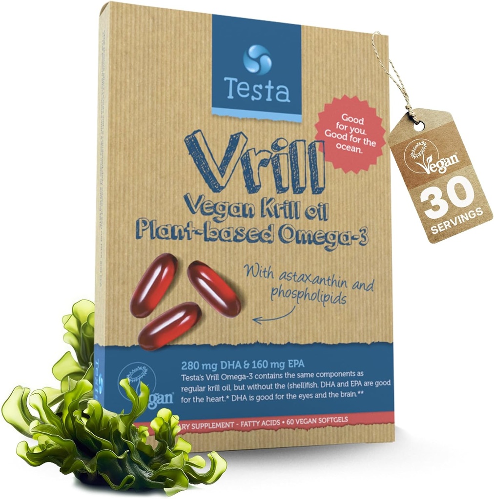 Testa Omega 3 Vegan Krill Suplemento-1000mg Softgels, 2 veces más Omega-3, DHA, EPA, Astaxanthin, Phospholipids - Corazón, Cerebro, Ojo, Soporte Conjunto - No de pescado, Algae Fuente - 60 Softgels