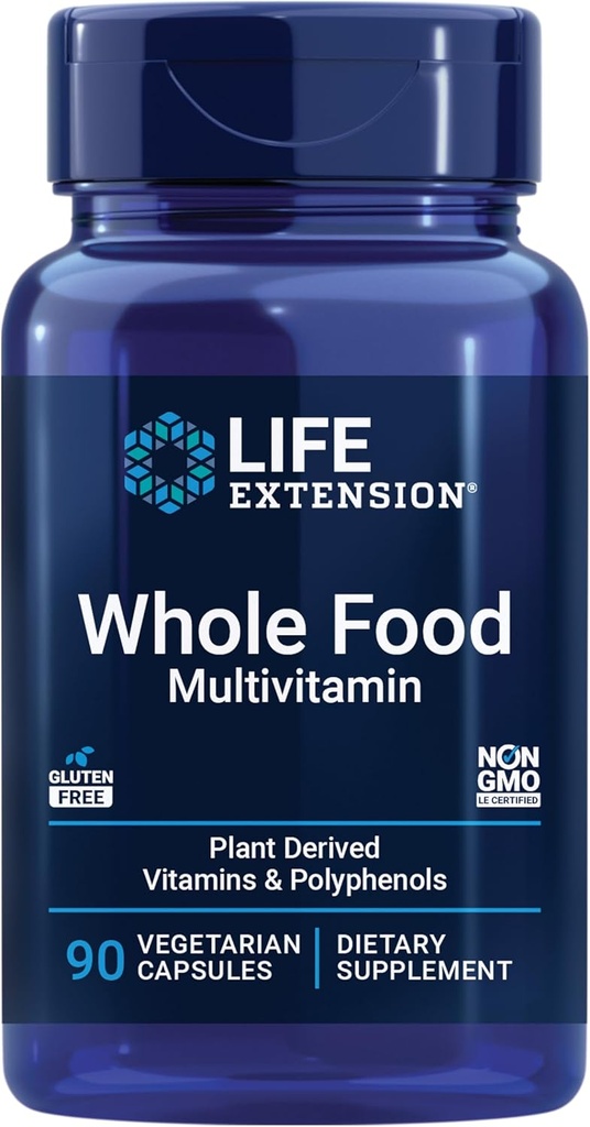 Life Extension Whole Food Multivitamin, Plant-derived Vitamin D3, A, B, C & E, Plus Minerals, Plant extracts, Stay Healthy from Head to Toe, Gluten-Free, Non-GMO, Vegetarian, 90 Capsules