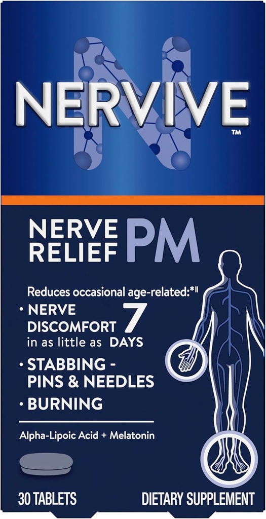 Nervive Nerve Relief PM, Occasional Nerve Discomfort II, Sleep Aid, comienza a trabajar en 7 días, apuñalamiento, quema, ácido lipoico alfa, melatonina, vitaminas B, Turmérica, Ginger, Suplemento Nervive, 30 ct