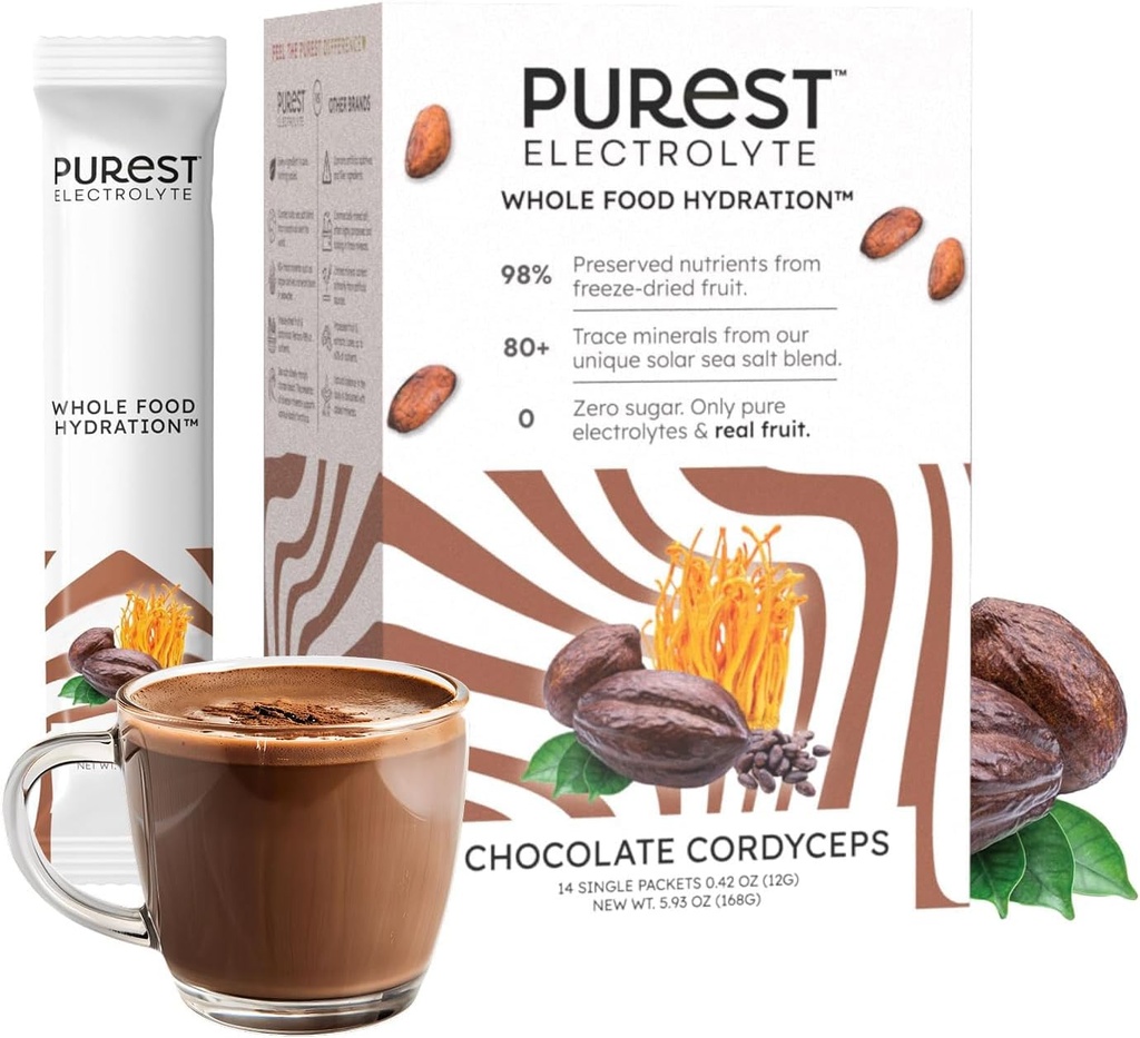 Saber más Cerebro Purest Electrolyte Chocolate Cordyceps Powder Packets – Hidratación entera de alimentos - Cacao fermentado y Saltas de mar solar para el equilibrio de electrolito final
