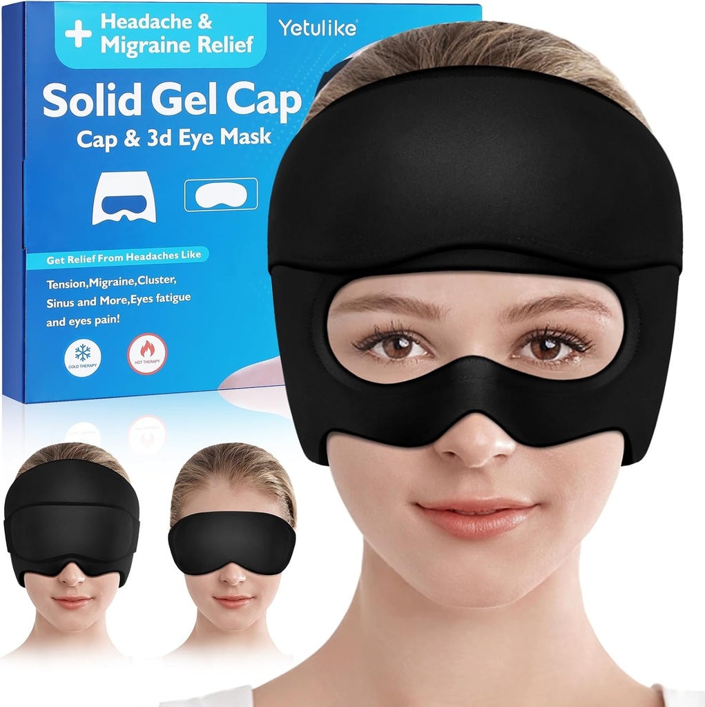 Sombrero de alivio de dolor de cabeza, calmante Cap Gel Ice Head Wrap Headache Eyes Mask for Sinus, Puffy Eyes, Tension and Stress Relief - Terapia caliente y fría