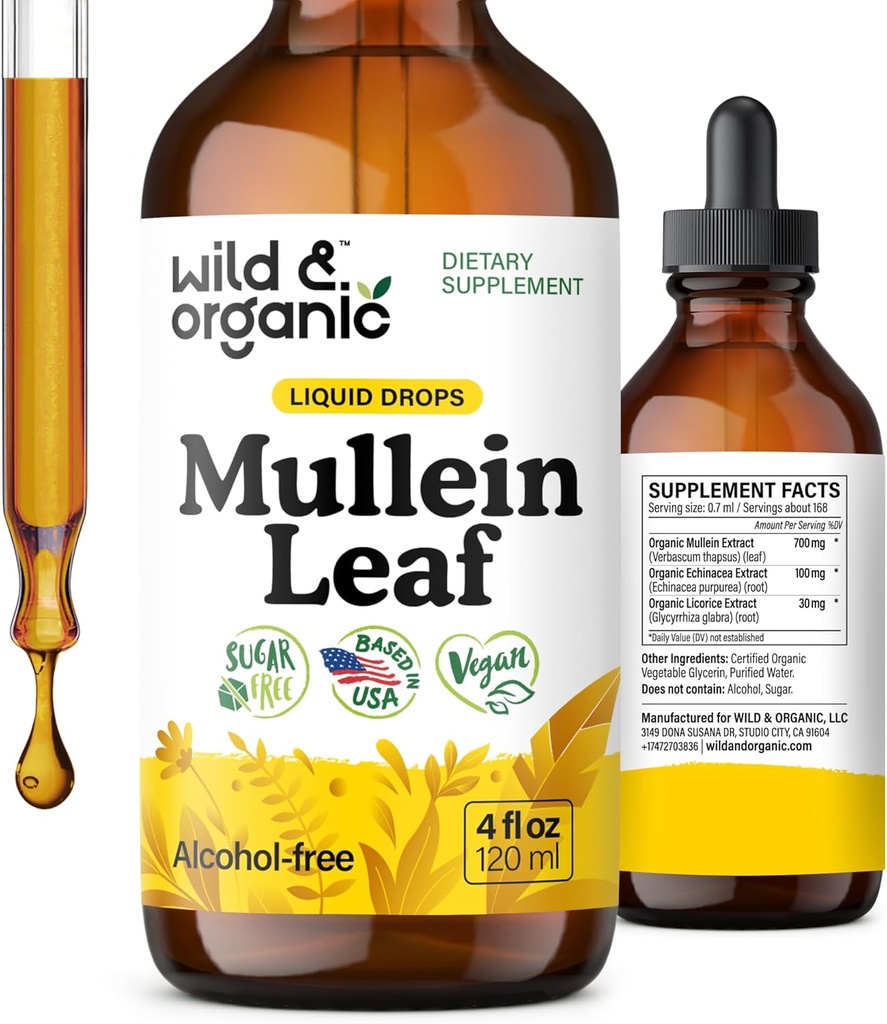 Wild &amp; Organic Mullein Tincture - Lung Cleanse and Detox - Liquid Mullein Leaf Extract for Lungs with Echinacea - Verbascum Thapsus Drops - Vegan, Sugar &amp; Alcohol-Free Supplement - 4 fl oz